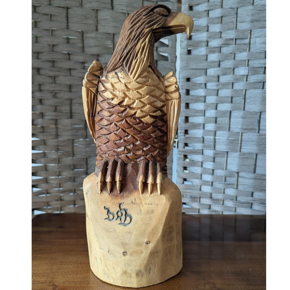 Vtg Handmade Eagle Statue Brown Hand Carved Wood Figurine Signed 1991 Patriotic